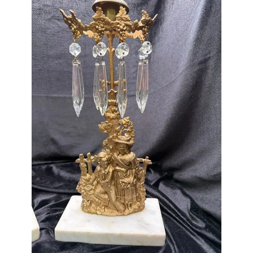Antique Victorian Figural Girandole Candlesticks Pair Marble Crystal Prisms